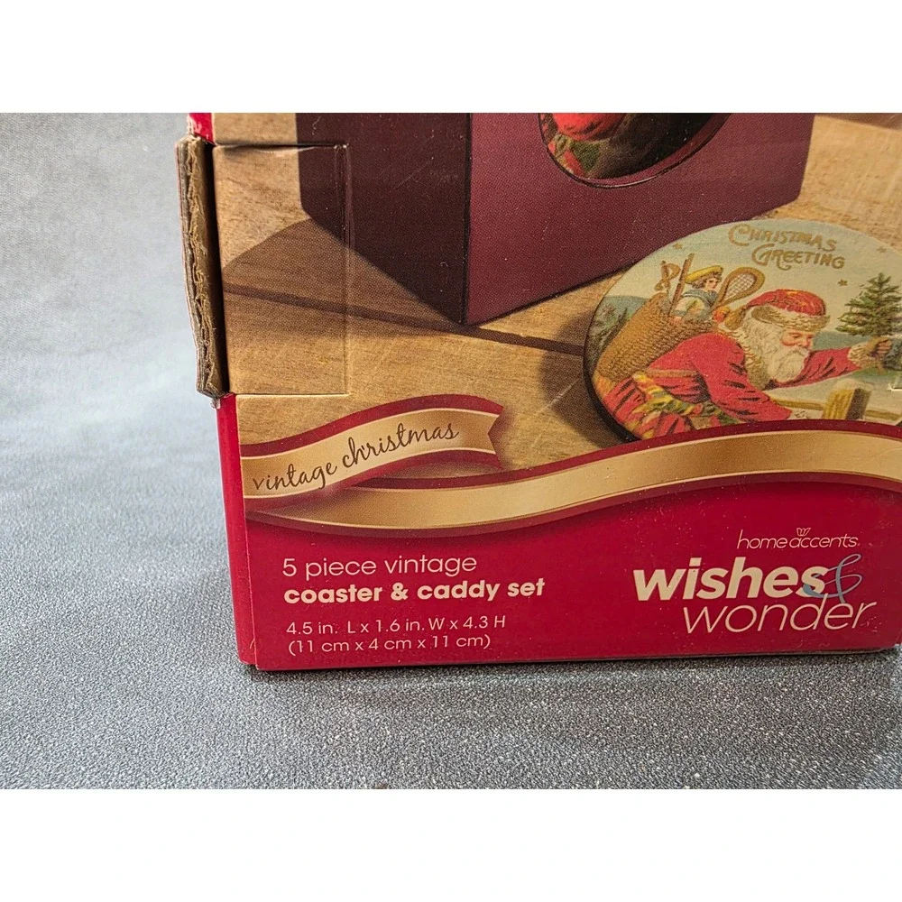 Home Accents Wishes & Wonder Vintage Christmas 5 Piece Coaster & Caddy Set NEW